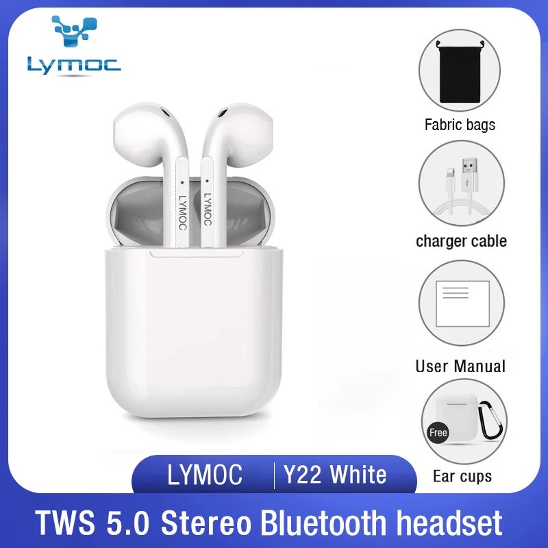 LYMOC Y22 Bluetooth наушники 5,0 TWS беспроводные наушники Авто парные стерео спортивные наушники с HD микрофоном умный голос для iPhone Xiaomi - Цвет: White fabric bags