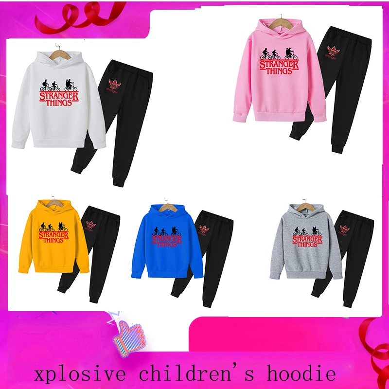 

Spring 2021 children Stranger Things letter printed cotton white hoodie girls boys sweatshirt suit 4-14 years old baby clothes