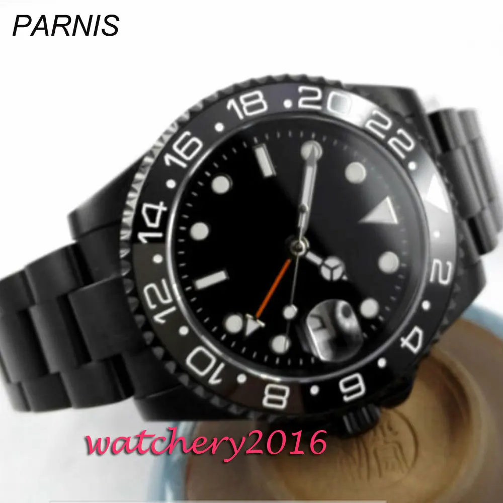 40 мм parnis черный стерильный циферблат PVD GMT стандартное стекло автоматические