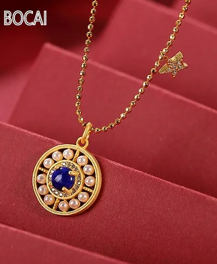 

100% S925 Серебро позолоченные натуральный Лазурит жемчужное ожерелье персонализированные цепочка, круглые бусины женская подвеска