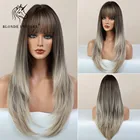 Длинные шелковистые прямые синтетические Омбре серые парики с челкой для чернокожих и белых женщин Косплей повседневные термостойкие волосы