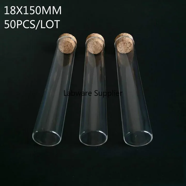 

50pcs/lot 18x150mm Transparent Glass Flat Bottom Test Tubes with Cork Stopper for Kinds School/Laboratory Glassware
