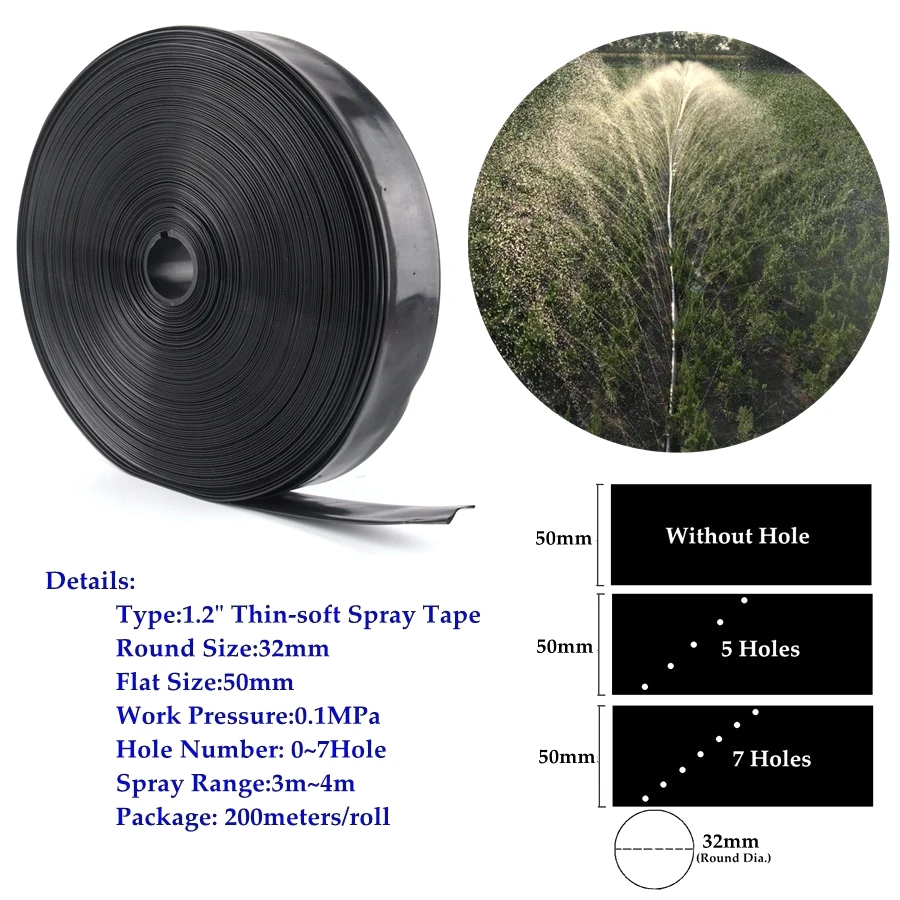 

Wholesale 200m/Roll 0~7Holes 1.2" Φ32mm Thin-Soft Spray Tape Agricultural Farm Greenhouse Irrigation Hose Garden Sprinklers