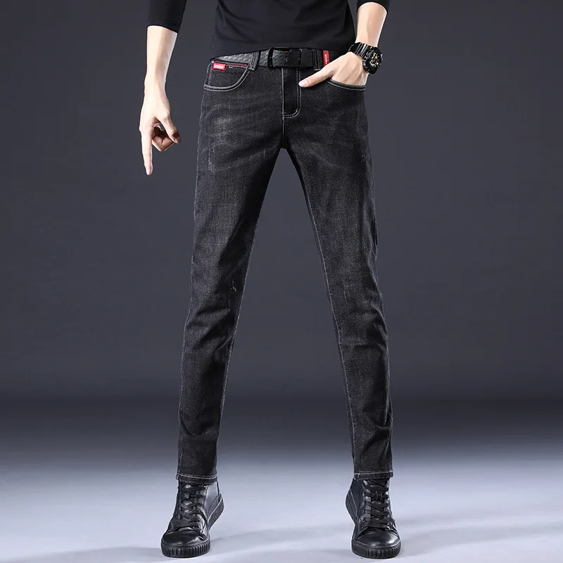 

Men's four seasons pants smoke grey jeans men's Slim small foot elastic Korean fashion long pants men's wear