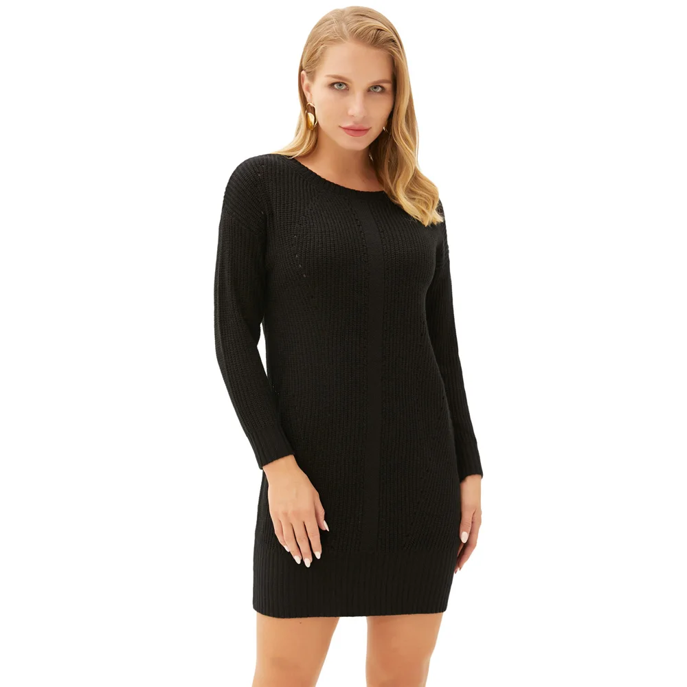 Теплое платье-свитер женское открытое трикотажное платье осень-зима однотонное