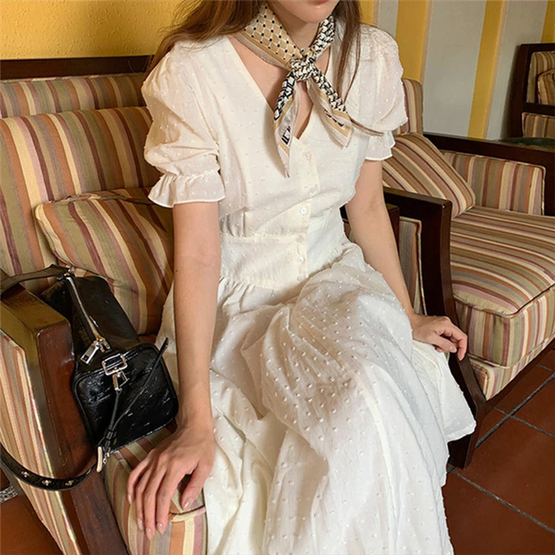 

2021 New Summer Women Dresses High Waist Lace Up Casual Dot Fashionable Puff Sleeve Sweet Single Breasted Long Dress