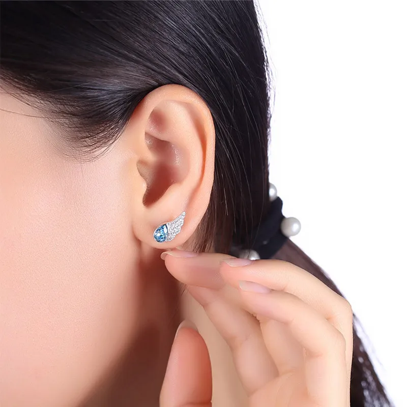 

Trendy Fashion Simple Personality Elegant S925 Sterling Silver Ocean Heart Crystal Wing Stud Earrings Exquisite Gifts for Women