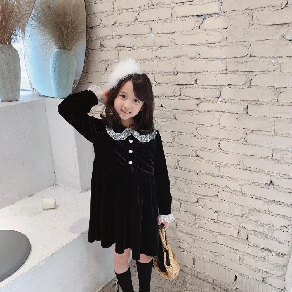 

2020 Baby Dress Long Sleeve Red Black Colour Velvet Design Lace Sweet Autumn Winter Kids Girls Dresses