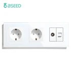 Евророзетка настенная с двумя розетками и ТВ CAT5, со стеклянной панелью