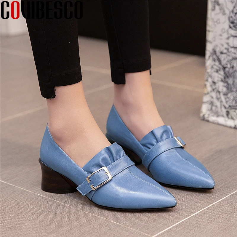 

COVIBESCO Office Lady Fashion Spring Pointed Women Pumps Genuine Leather High Heels Shoes Woman New Ruffles Basic Concise 2021