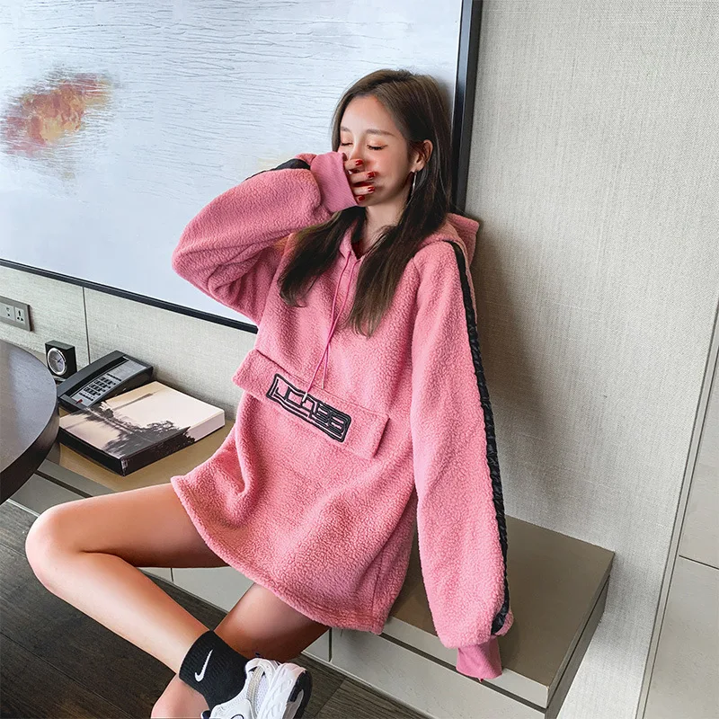 

6965 new autumn and winter loose Japanese traditional medium long lamb plush and thickened for women thick hoodie