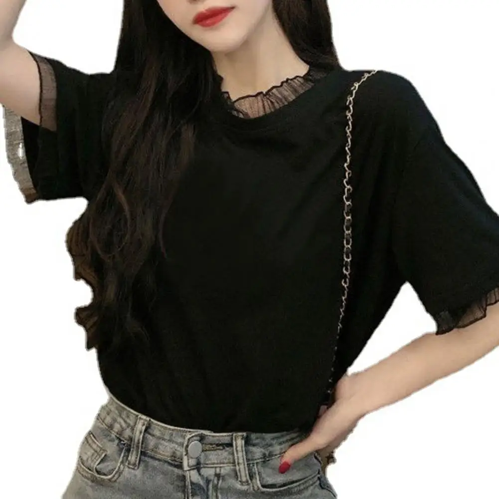 

Summer Women T-shirt Loose Sweet Summer Round Neck Lace Edge Short Sleeve Lace Party Korean Women Streetwear футболка 2021