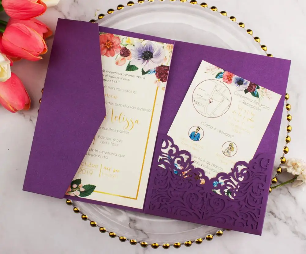 dark purple 20 шт./лот Бургундия pocketfold с цветами лазерной резки свадебные пригласительные карты три сложенные карты карман поздравительные приглашения - Цвет: dark purple