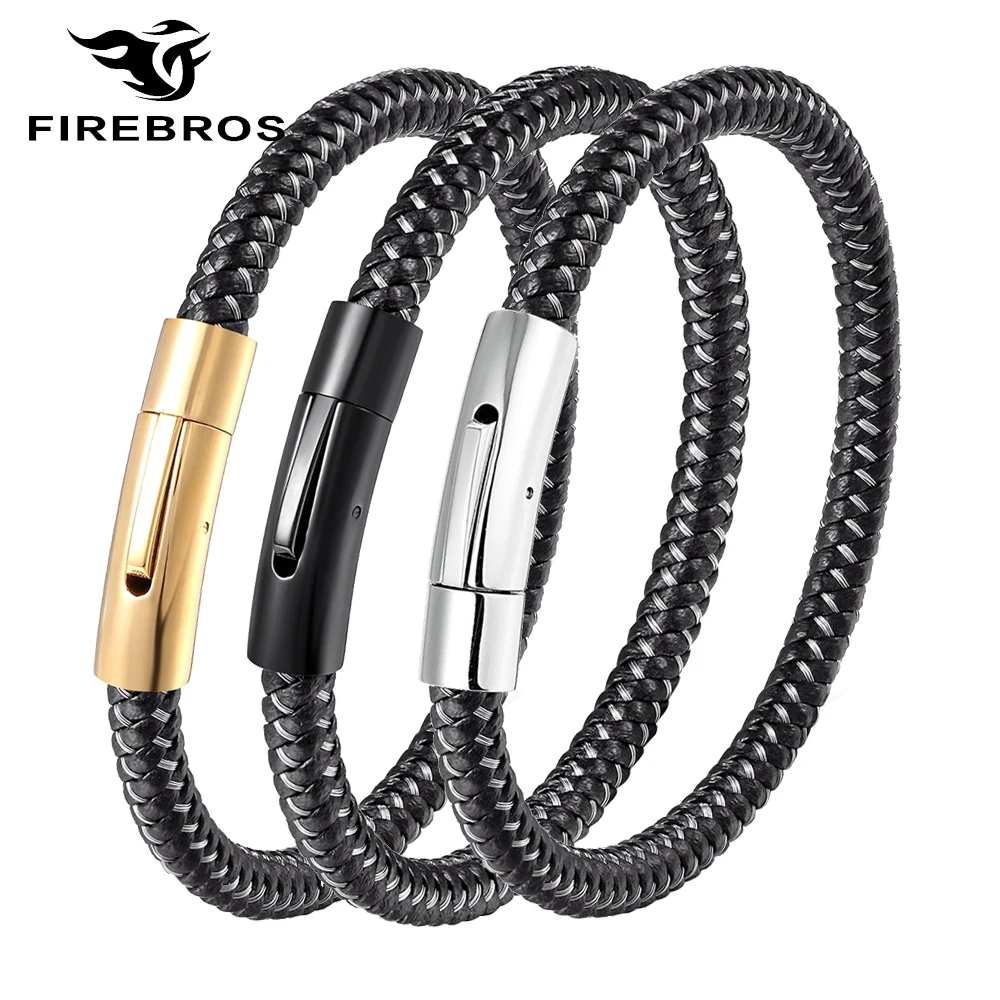 Браслет FIREBROS мужской из натуральной кожи оплетка проволоки нержавеющей стали с