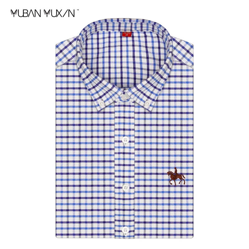 

YUBANYUXIN men 100% cotton Oxford embroidery riding chest label blue white plaid long sleeve casual business slim shirts S-6XL