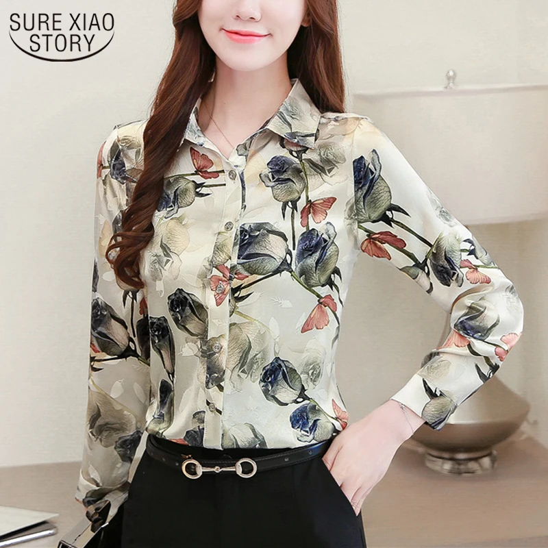 

2021 Silk Shirts Women Blouses Fashion Autumn Long Sleeve Shirt Women Tops Rose Floral Print Blouse Plus Size S-4XL Blusas 10725