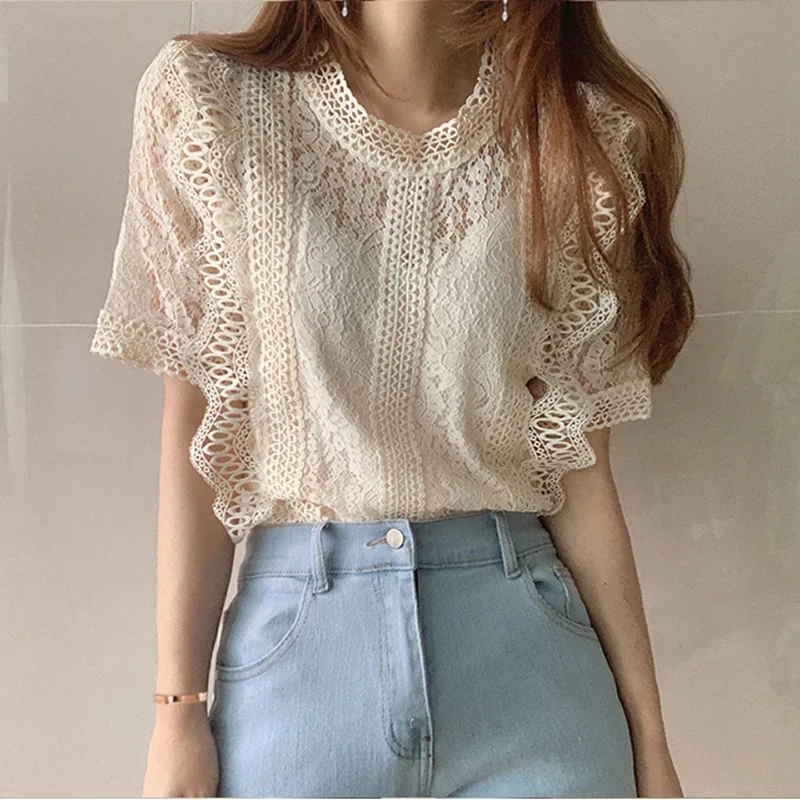 

Clothing Femme 2021 Top Lace Blusas Shirt Female Elegantes Free Shipping Items Clothes for Women Dropshipping Solid Blouses 0643