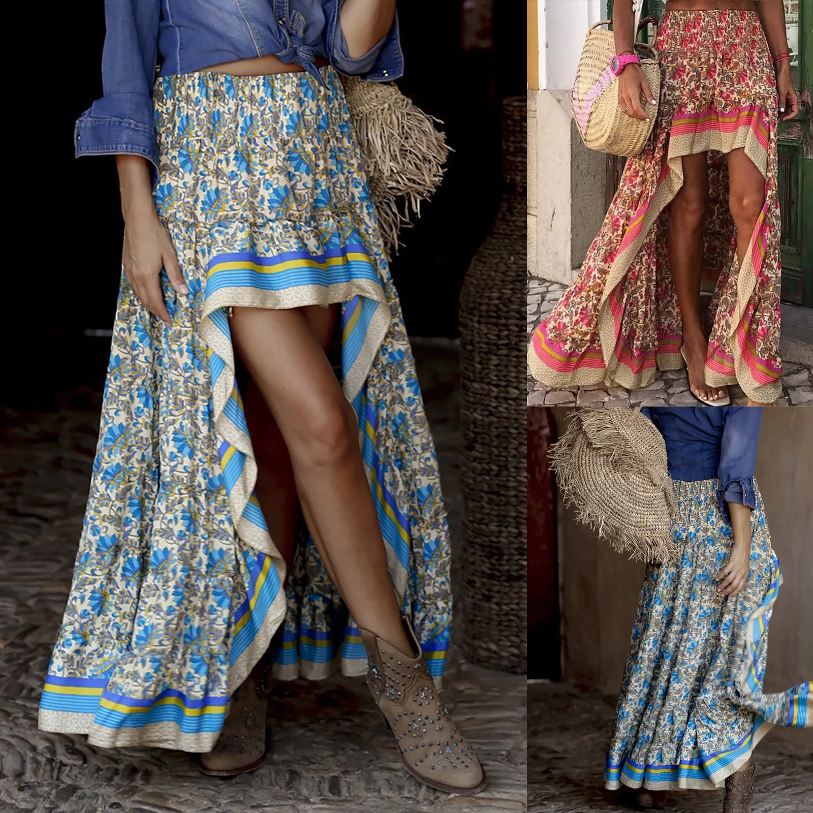 

62# Women Boho Hollow Floral Print High Low Side Split Ruffle Hem Swing Maxi Long Skirt Temperament Elegant New 2021