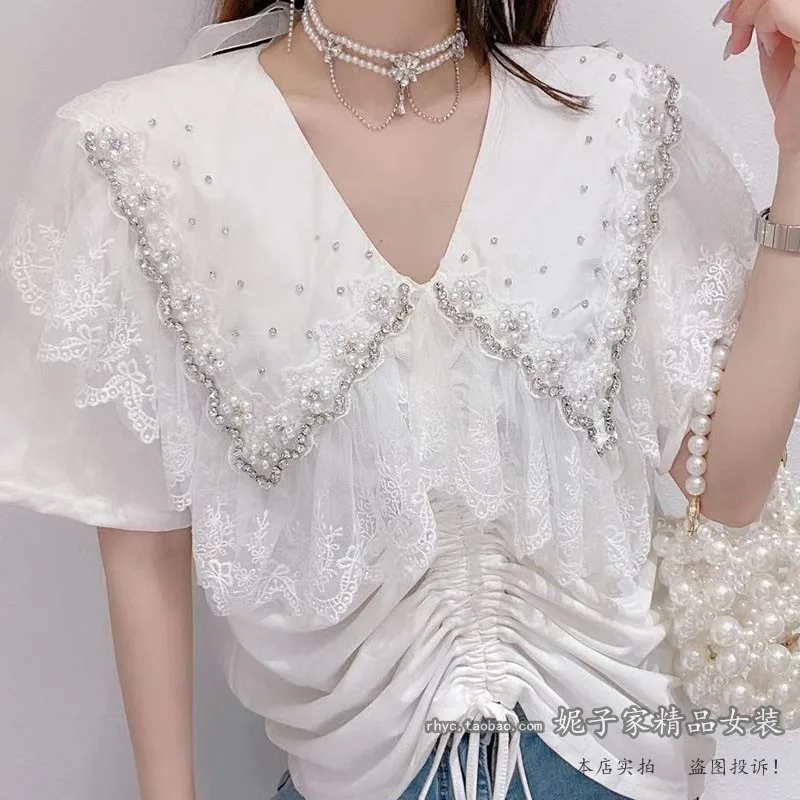 

2021 Summer New Women Clothes Lace Edge Doll Collar Drawstring Beads Diamond All-Match Pullover Short Sleeve T-shirt Ladies Tops