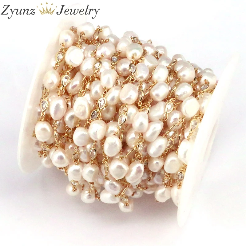 

3 Meters, White Pearl Beads Chains Fashion Jewelry, Plated Gold Wire Wrapped Pearl Beads Rosary Drop CZ Chains DIY Choker Making