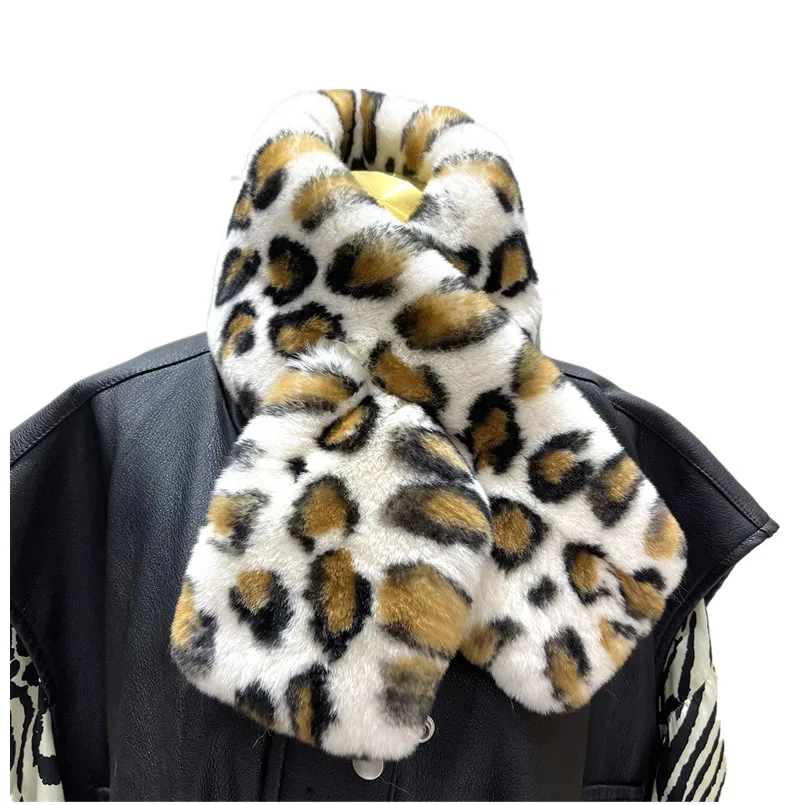 

Leopard Print Real Rex Rabbit Fur Collar Fluffy Scarf Winter Soft Neck Warmer Women Wraps Gift