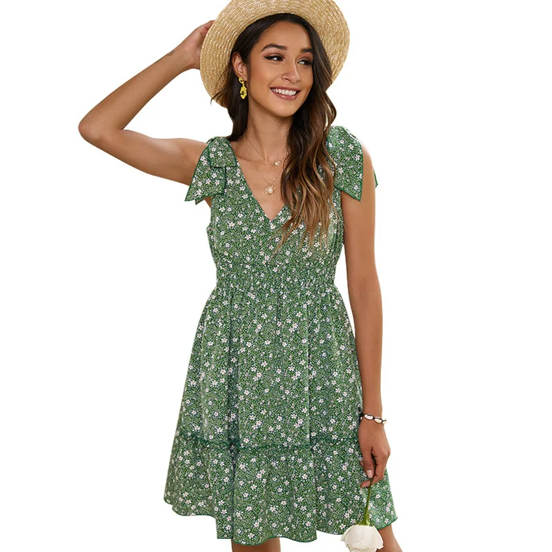 

2021 Casual Floral Print Dress Women V Neck Sleeveless Bandage Beach Dress Summer Bohemian Dresses Midi For Women Free Shipping