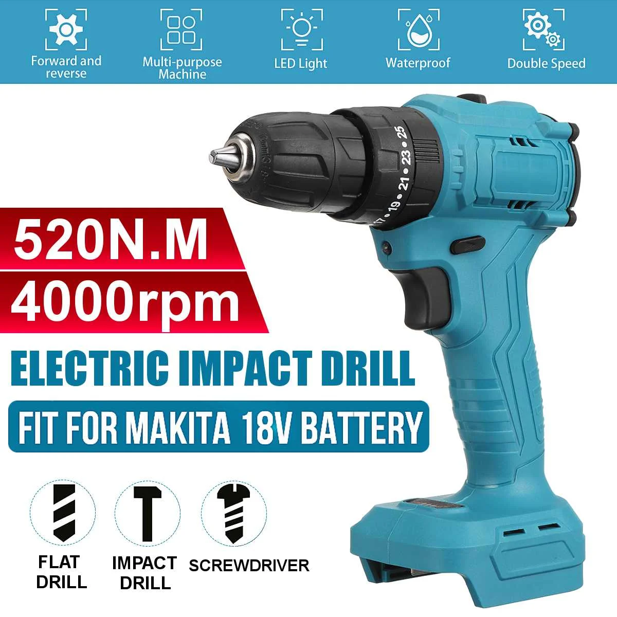 

Electric Cordless Brushless Impact Drill Hammer Drill 520Nm Screwdriver DIY Power Tool Rechargable For 18V Makita Battery