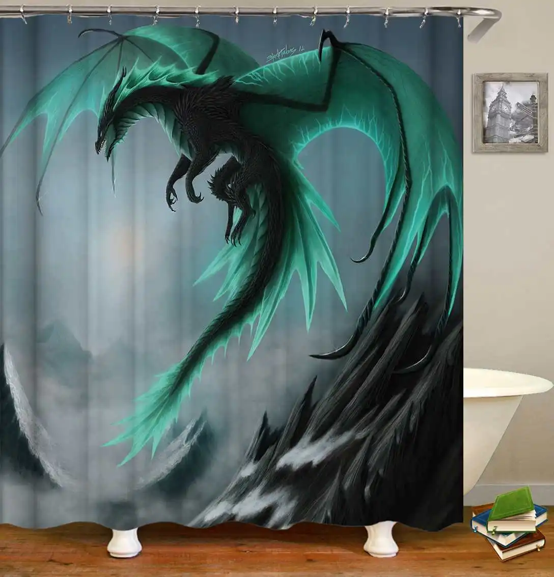 Shower curtain Современный летающий дракон водонепроницаемый ванная душевая занавеска Туалет крышка коврик для ванной нескользящий коврик набор аксессуаров для ванной с 12 крючками - Цвет: Shower curtain