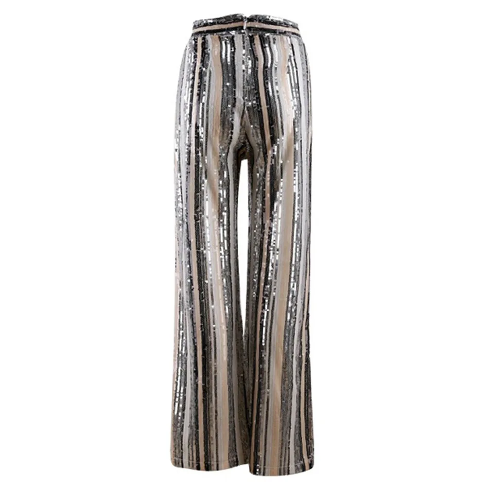 New Women's Fashion Casual Pants In Autumn And Winter Europe And America Stripe Sequin Bead High Waist Thin Wide Leg Pants