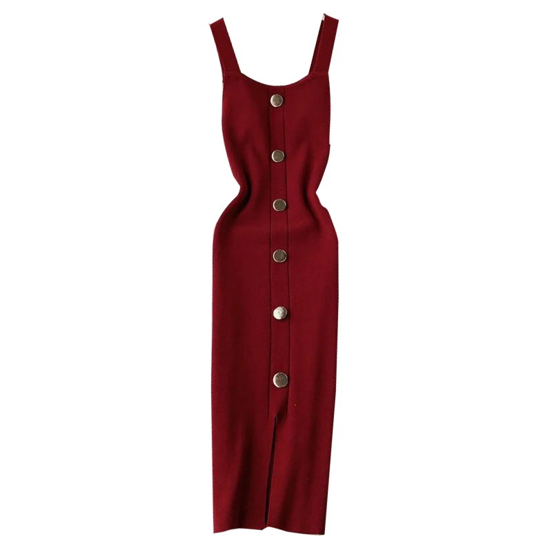 

2021 Summer Pink/Red/White/Black Women Sexy Knitted Dress Vintage High Waist Button Single-breasted Slim Casual Dress For Female