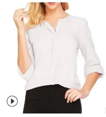 

T-shirt European and American solid color V-neck temperament long-sleeved chiffon shirt women's t-shirt Oversized t-shirt2021