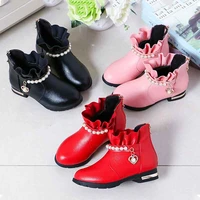 childrens leather ankle boots pearl chain lace shorts boots for princess girls casual flat black red slip resistant dress shoes
