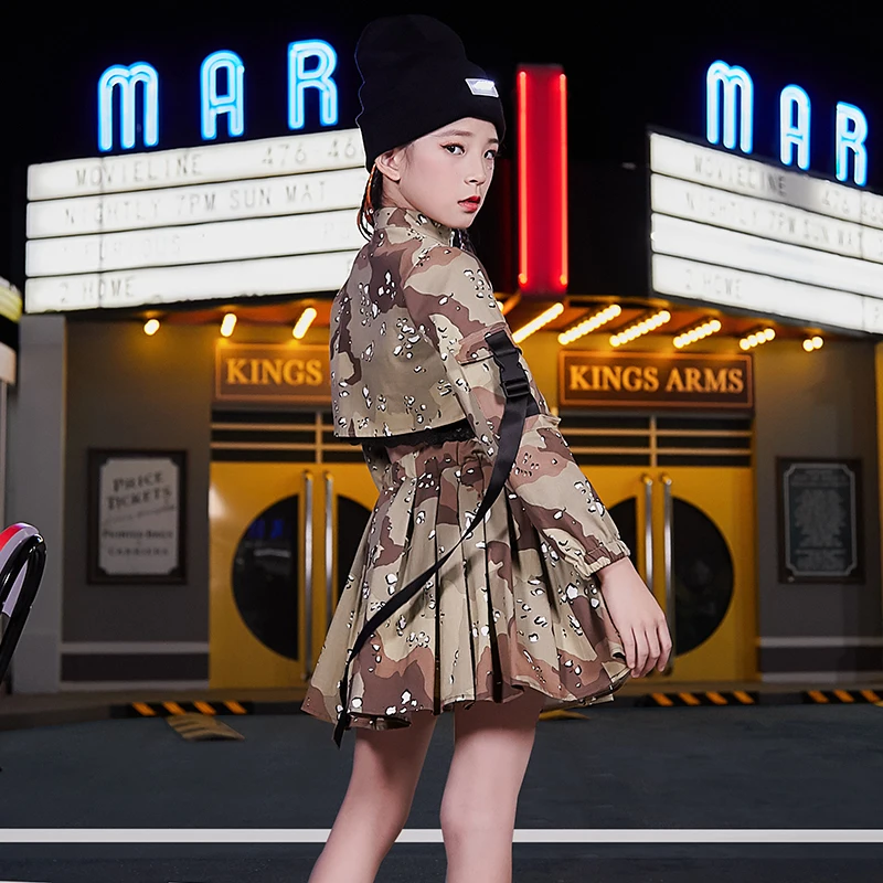 

Children Jazz Dance Dress Girls Hip Hop Suit Modern Street Dance Camouflage Long Sleeve Tops Skirt Catwalk Show Outfits DQL2675