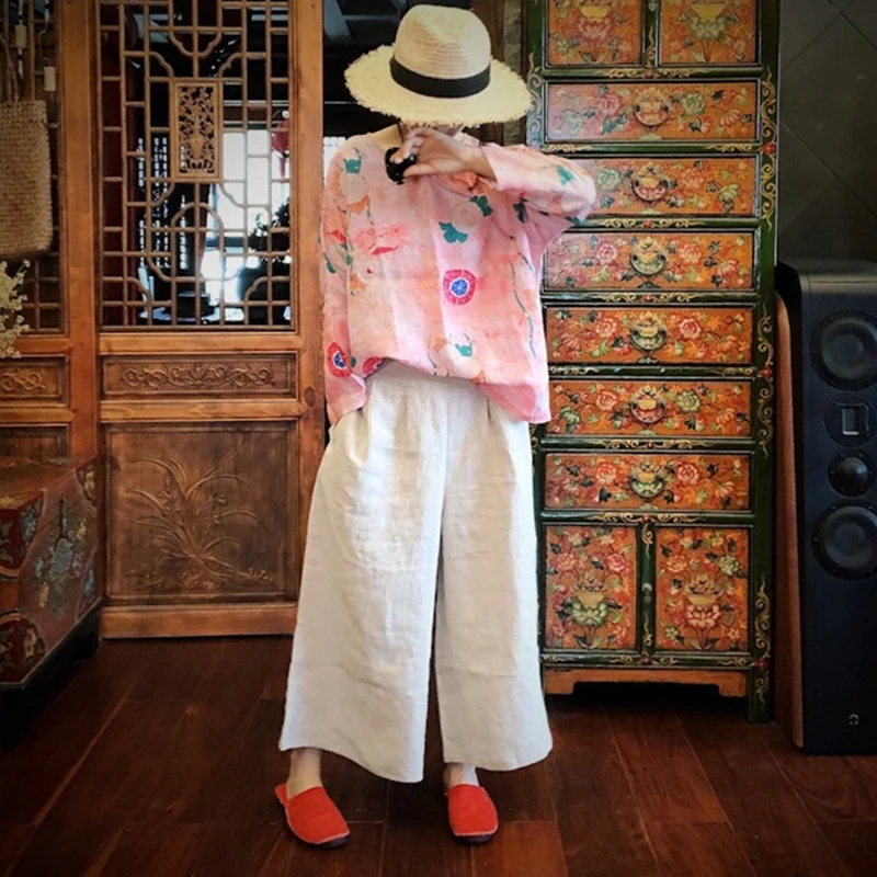 Женские блузки в китайском стиле Johnature льняные рубашки с круглым вырезом и