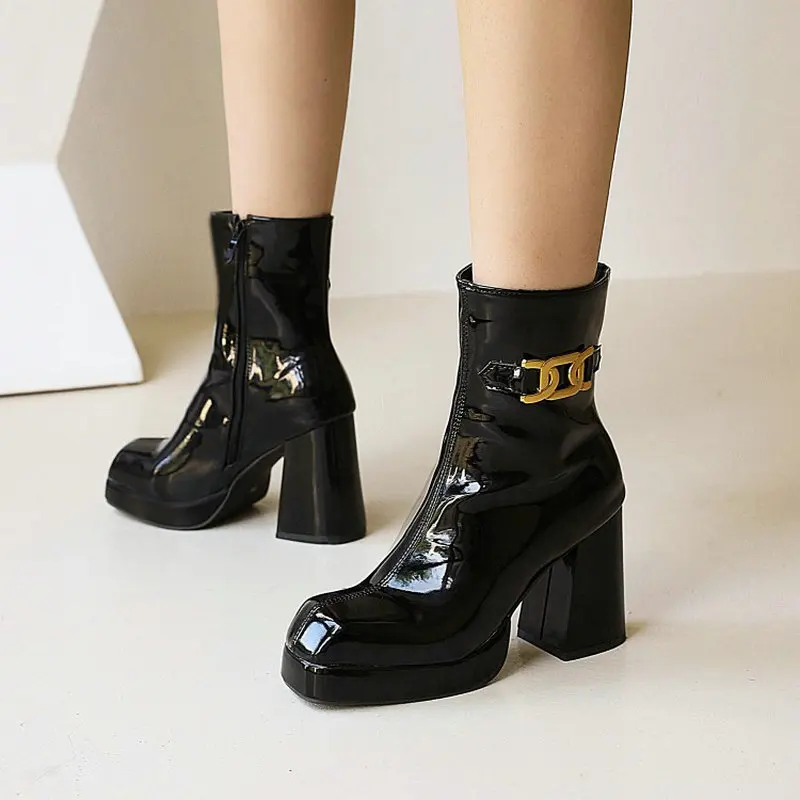

Patent PU Leather Plain Red White Black Platform Block High Heels Women Winter Shoes Sexy Female Ankle Modern Boots Big Size 48