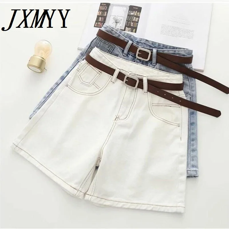 

JXMYY Fashion Sashes High Waist Women's Denim Shorts Button Up Zipper Casual Solid Blue Clothing 2021 Summer Korean New Jeans