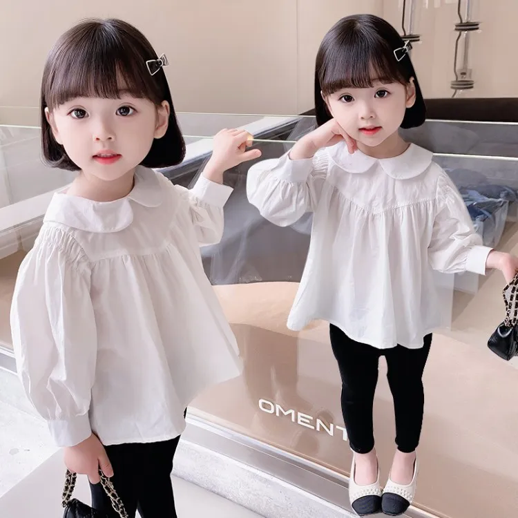 

Рубашка для девочек весна-осень кукольный воротник кружевная белая рубашка Новинка 2021 блузка среднего и маленького размера в иностранном с...