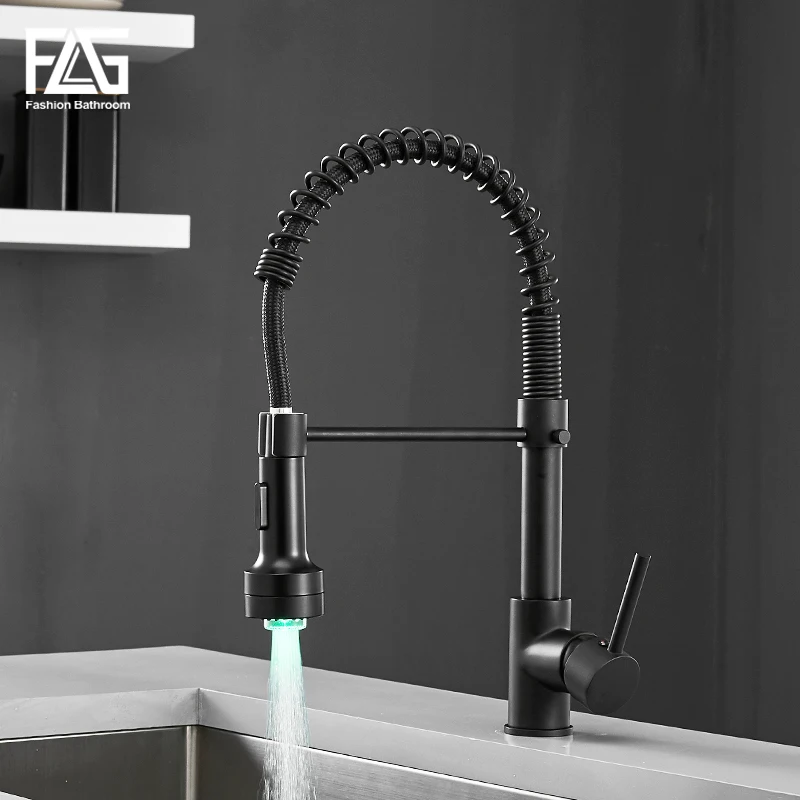 

FLG LED Kitchen Faucets Spring Style Brass Faucet Pull Out Black Kitchen Mixer Taps Hot and Cold Water Swivel Sink Tap 189-33
