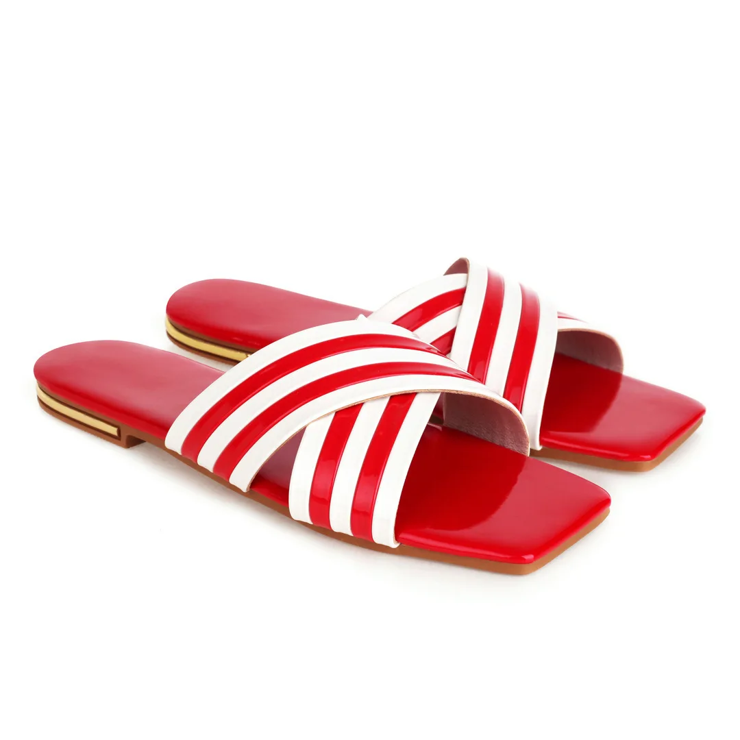 

Flat Shoes Female Woman's Slippers Square Toe Gingham Low Big Size Slides 2021 Soft Fretwork PU Rubber Fabric Striped Basic