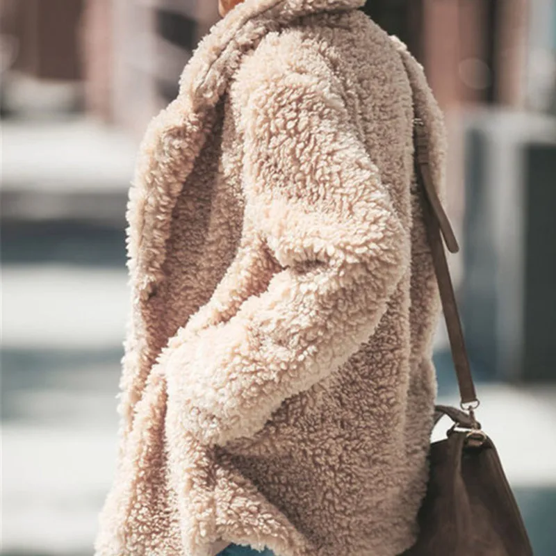 

Women Wool Coat Autumn Winter Loose Solid Color Lapel Casual Long Sleeve Warm Cashmere Coat