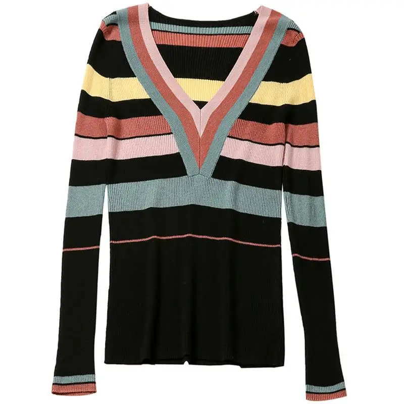 

Long sleeve V-neck T-shirt women's autumn women's new 2021 striped bottom coat women's slim fitting sweater coat