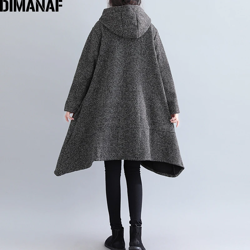 DIMANAF/большие размеры, женские зимние пальто из шерсти и смесей, утепленная одежда, винтажная женская верхняя одежда, Свободное пальто, с капюшоном