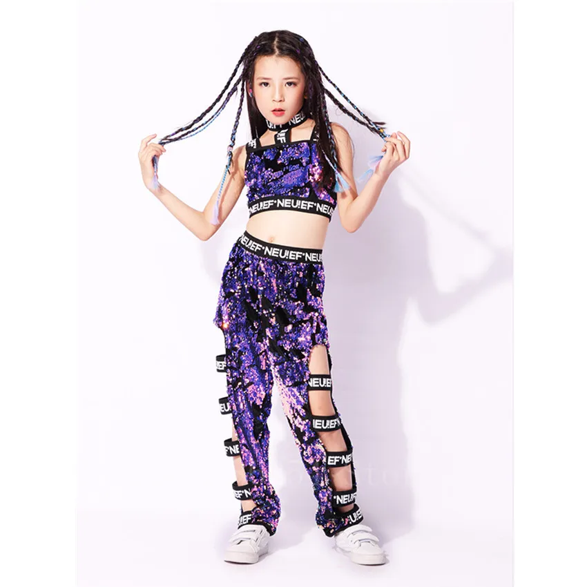 Детский костюм для танцев в стиле хип-хоп с блестками фиолетового цвета девочек