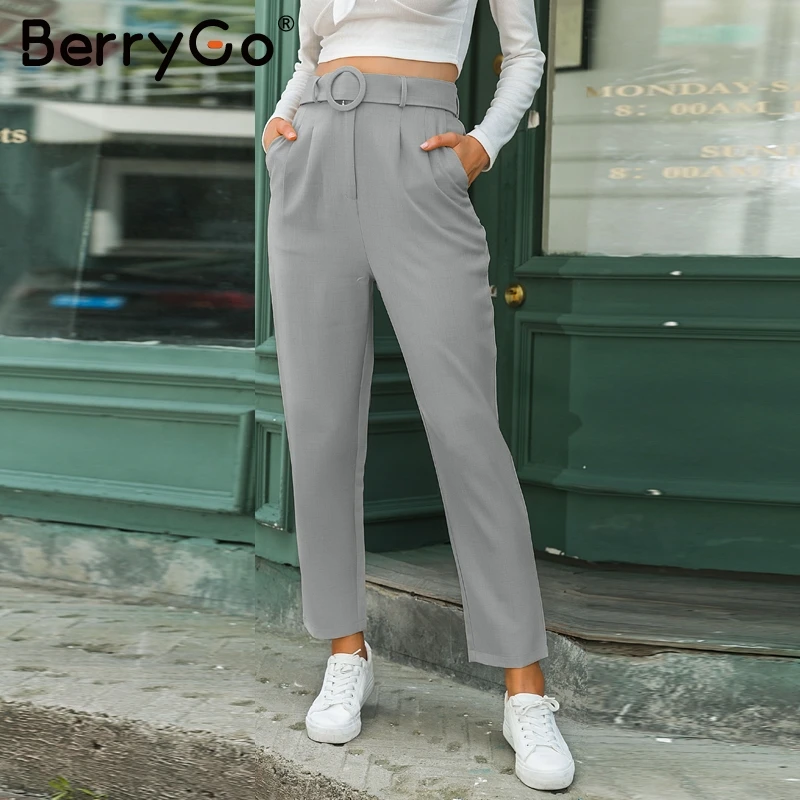 Женские брюки с поясом BerryGo элегантные офисные на пуговицах высокой талией и