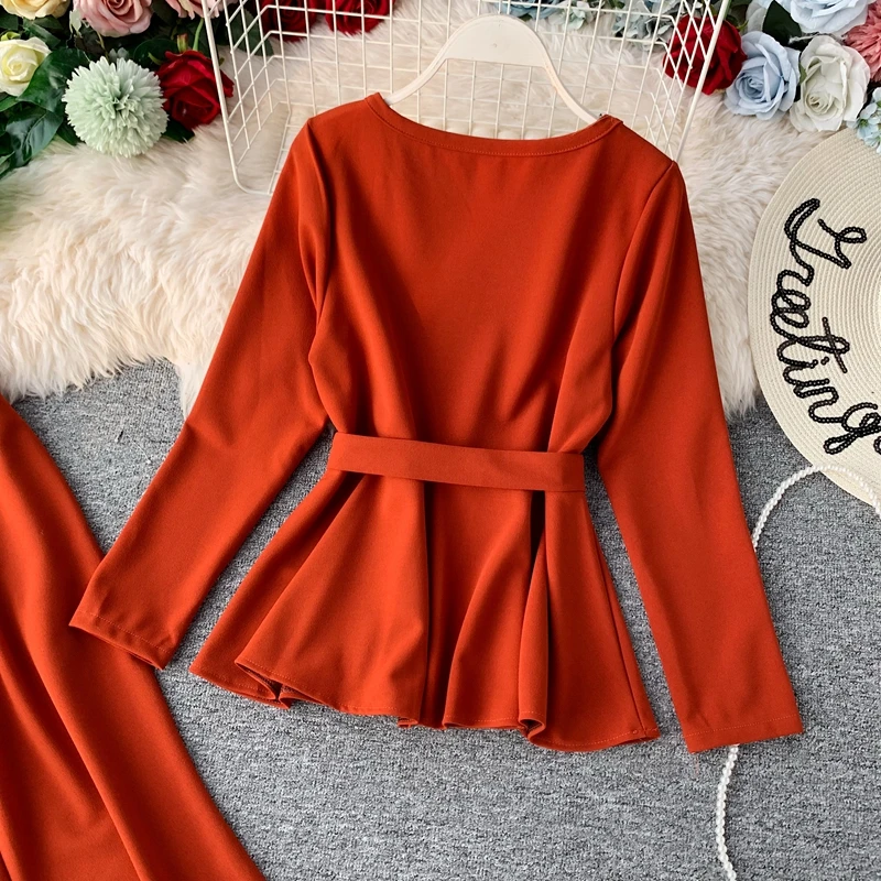 ALPHALMODA модный костюм с длинными рукавами пуловер пояс-кушак наряд+ расклешенные ноги дамы 2 шт брюки костюмы сплошной осенний комплект одежды