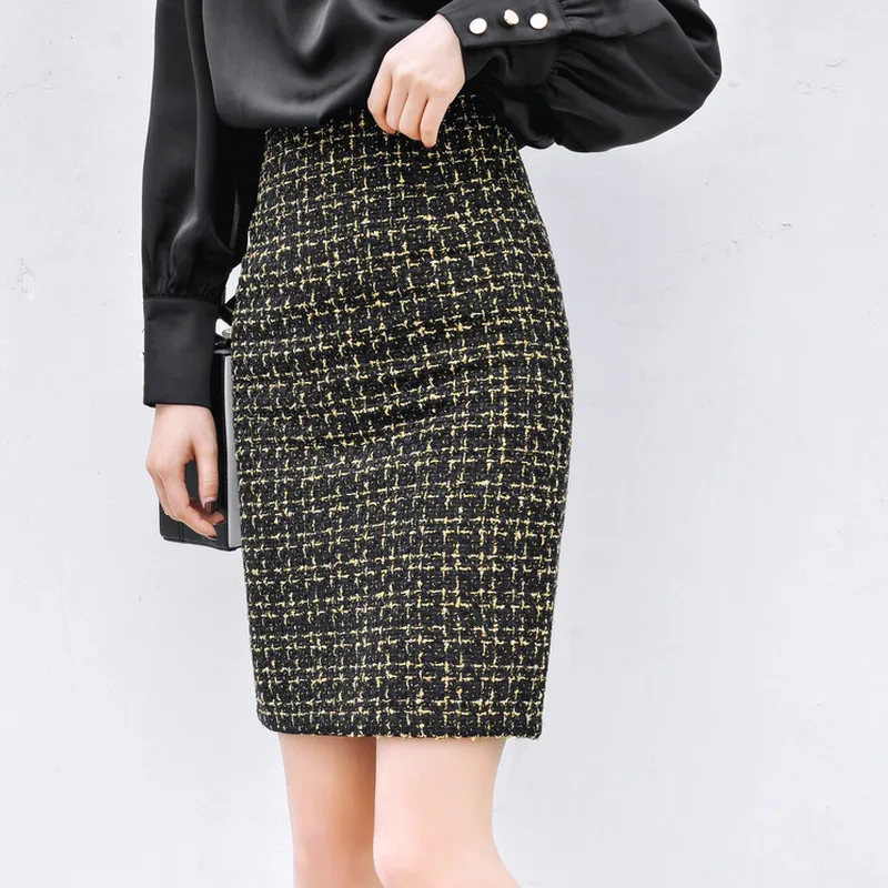 Женская твидовая юбка KoHuiJoo в стиле пэчворк Осень-зима тонкая шерстяная