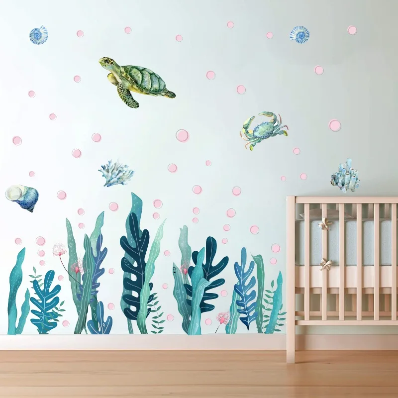 

Cartoon Underwater World Wall Stickers for Kids Room Bathroom Home Decor Mural Waterproof Bath Turtle Seaweed PVC Wall Decals