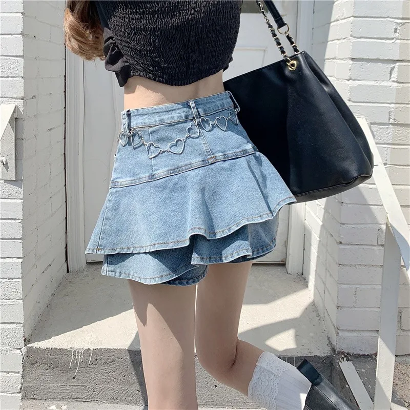 

Y2k Women Hakama High Street Denim Skirts Female Vintage Hot Girls Double Layer Ruffled Cake Skirt Fashion Sweet Short Skirt