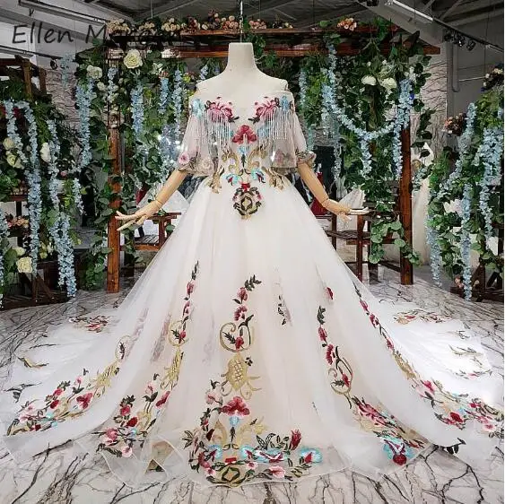 Color as picture Яркие свадебные платья с вышивкой и открытыми плечами для девочек, красивые мусульманские свадебные платья «Принцесса» по индивидуальному заказу - Цвет: Color as picture