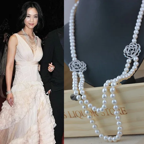 

Natural Freshwater Pearl Sweater Chain Camellia Double Pearl Long Necklace Premium Dress Accessories